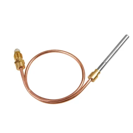 Universal gas water heater thermocouple replacement with copper probe tip and mounting nut.