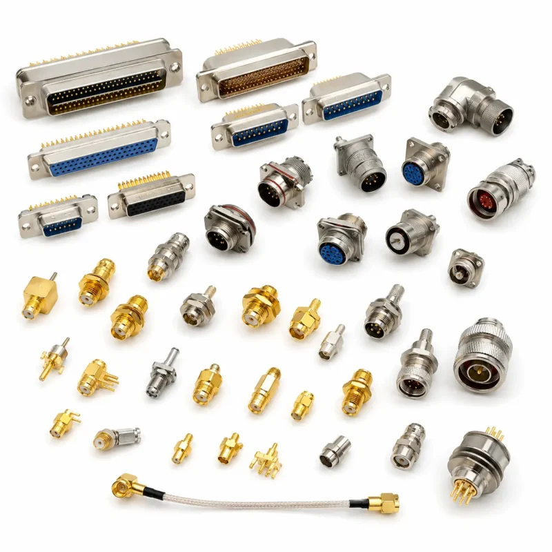 Huada Group AS9100 certified aerospace connector product line matrix, featuring circular MIL-DTL-38999, rectangular ARINC 600, Micro-D MIL-DTL-83513, and RF high-speed data interconnect solutions.