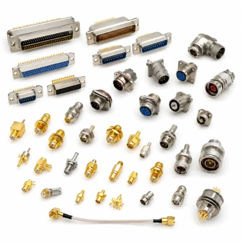 Huada Group AS9100 certified aerospace connector product line matrix, featuring circular MIL-DTL-38999, rectangular ARINC 600, Micro-D MIL-DTL-83513, and RF high-speed data interconnect solutions.
