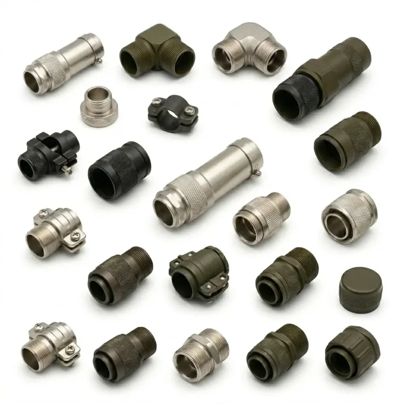 Various backshells for D38999 connectors with straight and right-angle designs