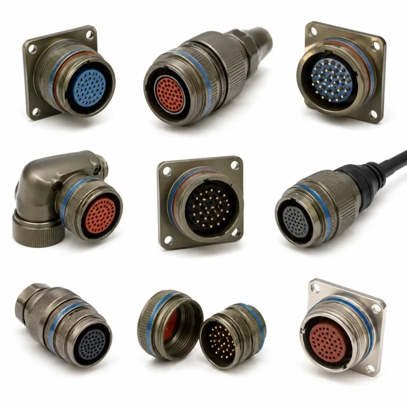 MIL-DTL-38999 Series III circular connectors assortment with plugs and receptacles on white background