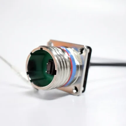MIL-DTL-38999 Series III MPO Fiber Optic Receptacle, D38999/20 Wall Mount Circular Connector, Electroless Nickel Plated Shell, Feed-Through Optical Adapter on White Background