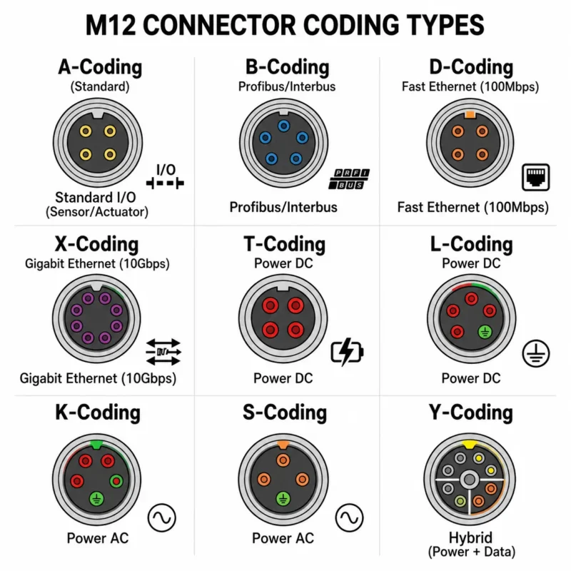 Comprehensive M12 connector coding types chart showing A, B, D, X, T, L, K, S, and Y-coding interface diagrams