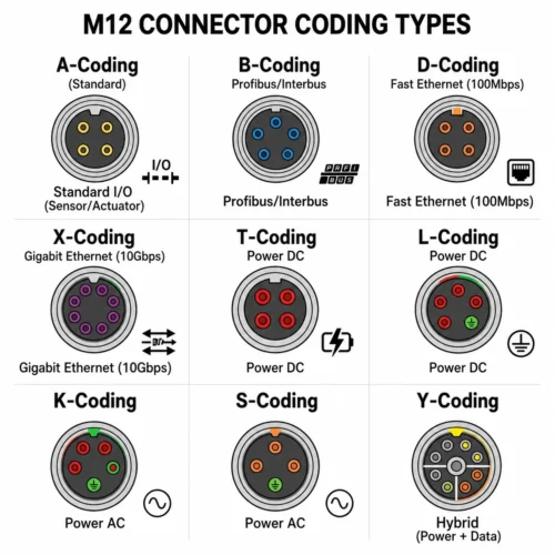 Comprehensive M12 connector coding types chart showing A, B, D, X, T, L, K, S, and Y-coding interface diagrams