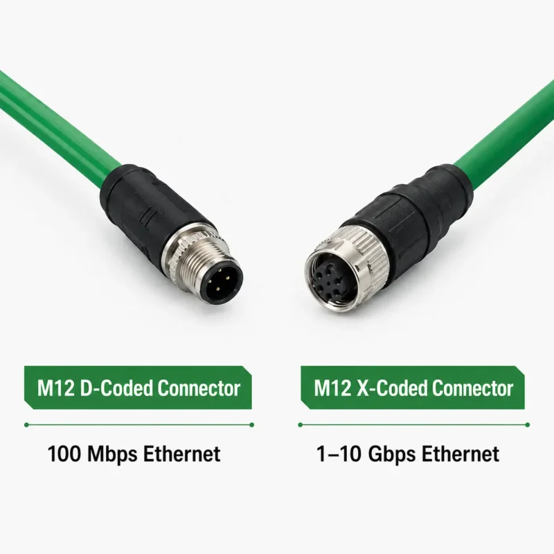 M12 D-Coded vs X-Coded connector comparison for 100Mbps and 10Gbps Industrial Ethernet.