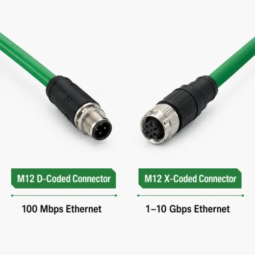 M12 D-Coded vs X-Coded connector comparison for 100Mbps and 10Gbps Industrial Ethernet.