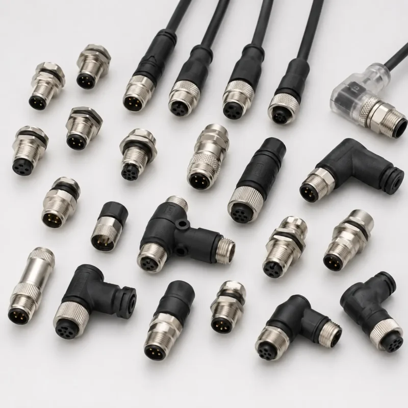 Various M8 circular connectors including straight, right-angle, male and female industrial connectors