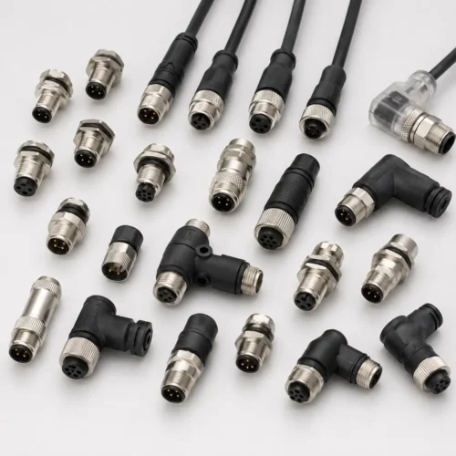 Various M8 circular connectors including straight, right-angle, male and female industrial connectors