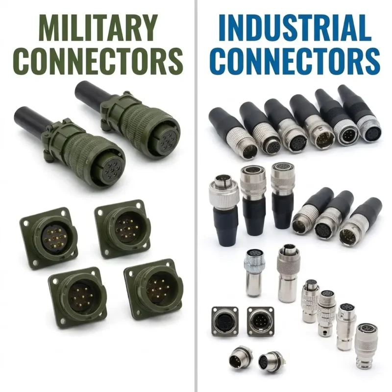 Comparison of military-grade and industrial connectors including MIL-SPEC circular connectors and industrial automation connectors