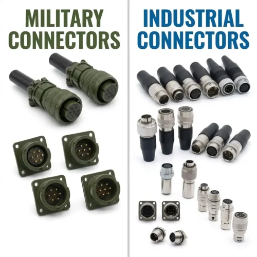 Comparison of military-grade and industrial connectors including MIL-SPEC circular connectors and industrial automation connectors