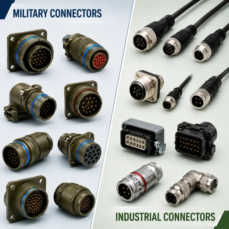 Comparison of military-grade and industrial connectors including MIL-SPEC circular connectors and industrial automation connectors