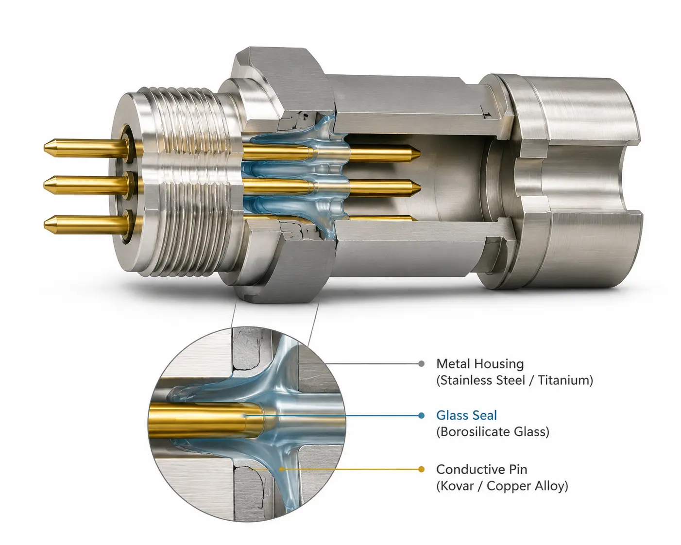 Cross-sectional view of a GTMS glass-to-metal seal connector with metal housing, glass seal, and conductive pins.