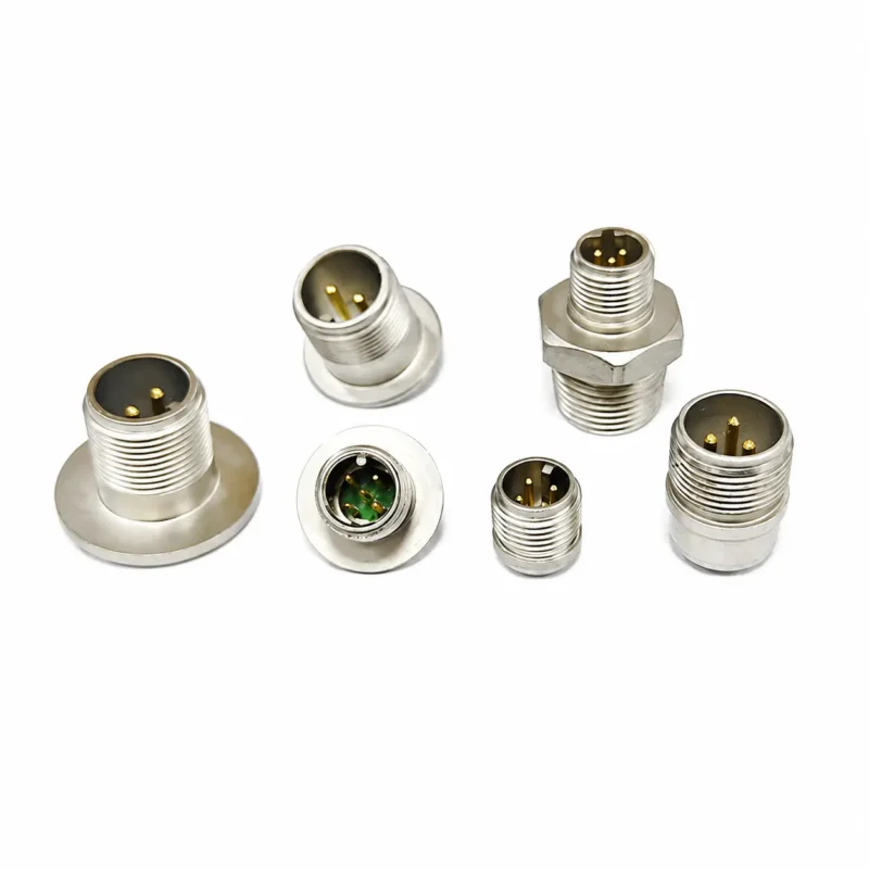 Glass-to-Metal Seal (GTMS) hermetic connectors with threaded stainless steel housings and gold-plated contacts for high-reliability applications