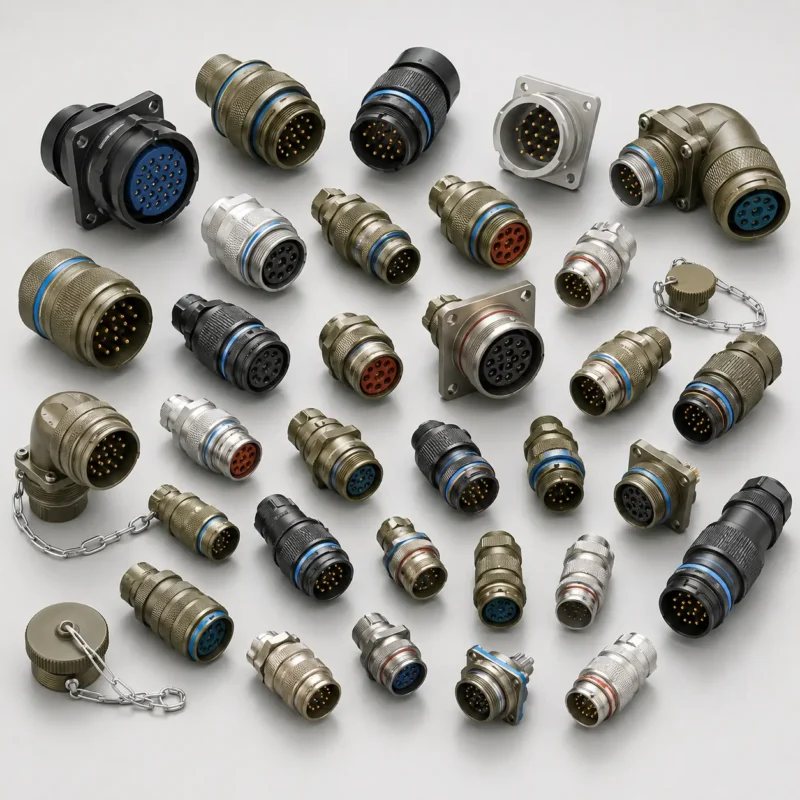 MIL-DTL-38999 Series I, II, III and IV circular connectors displayed in a product comparison layout