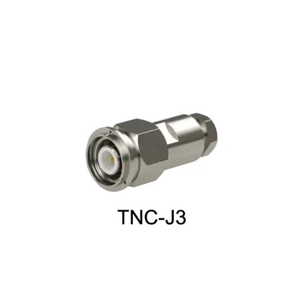 TNC-J3 male RF coaxial connector plug with threaded coupling on a pure white background